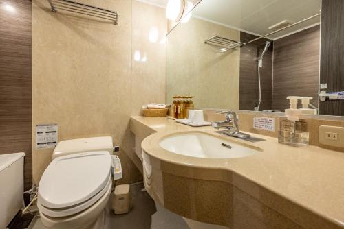 a bathroom with a toilet and a sink and a mirror at Kagoshima Plaza Hotel Tenmonkan in Kagoshima