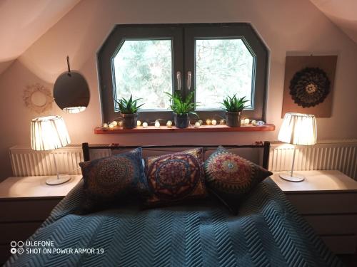 a bedroom with a bed with pillows and two windows at Agroturystyka Wiski 66 in Tuczna
