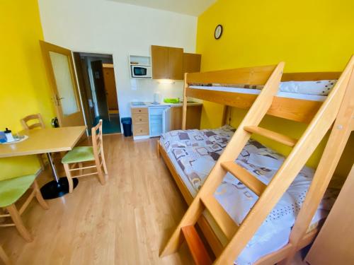a small room with a bunk bed and a table at Apartmány Červenohorské sedlo in Kouty