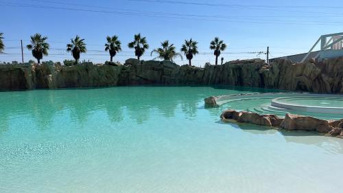 a pool of blue water with palm trees in it at Villa Quinto in Pisticci