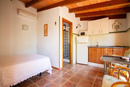 una camera con un letto e una cucina di Apartamentos Turisticos Trajano a Bolonia