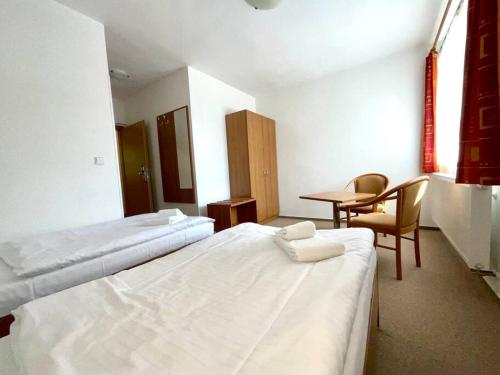 a hotel room with two beds and a table and chairs at Apartmán u Sázav č.16 in Chocerady