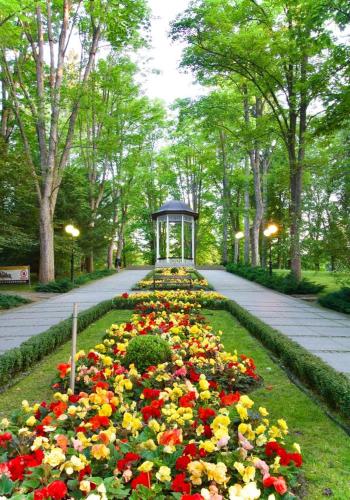 a garden with flowers and a gazebo in a park at Apartamenty Dębowa 3 in Polanica-Zdrój