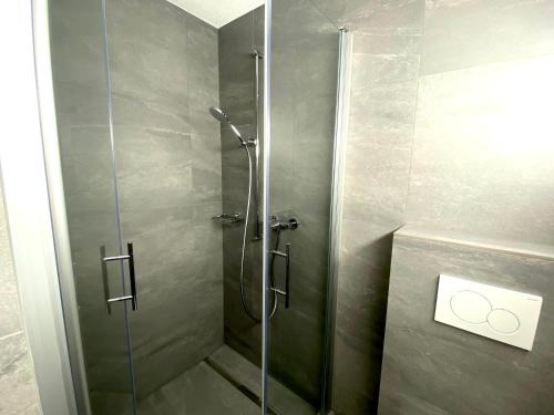 a shower with a glass door in a bathroom at Beautiful flat with nice lake and mountain views in Weggis