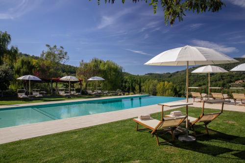 a swimming pool with chairs and umbrellas next to a pool at Lupaia in Montepulciano