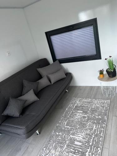 Sofá negro en una sala de estar con ventana en Hausboat Erik, en Hrdoňov