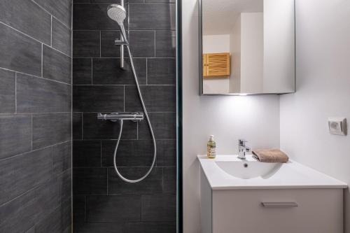een badkamer met een douche en een wastafel bij City center studio next to Aguille du Midi lift in Chamonix-Mont-Blanc