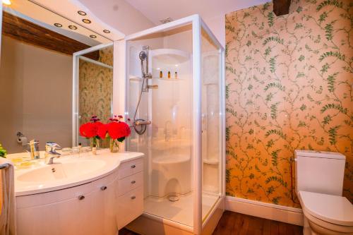 a bathroom with a shower and a sink at Château Fombrauge in Saint-Christophe-des-Bardes