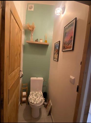 Elle comprend une petite salle de bains pourvue de toilettes et d'une étagère. dans l'établissement Charmant appartement Ville médiévale, à Vaison-la-Romaine