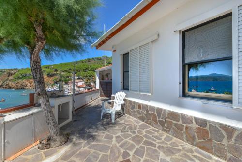 a patio with a tree and a window at Villa Oda - Trilocale sul mare in Capoliveri