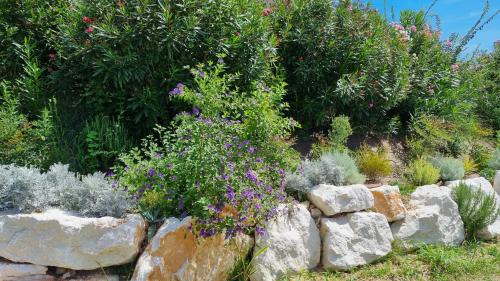a rock retaining wall with flowers and plants at Antica Dimora dei Gelsi in Manerba del Garda