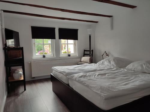 une chambre avec un grand lit et deux fenêtres dans l'établissement Düx-Hof Apartment Fachwerkhaus, à Bornheim