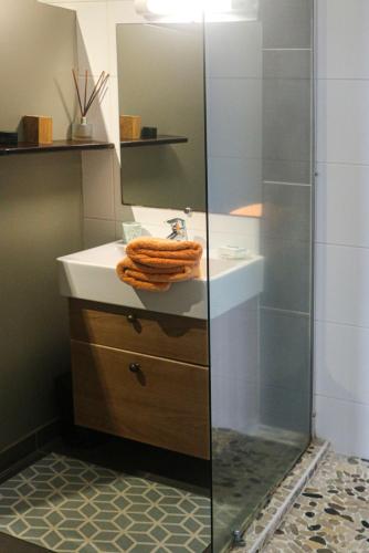 a bathroom with a sink and a glass shower at Alyzes Diamant in Le Diamant
