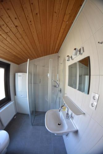 a bathroom with a sink and a shower at Ferienhäuser Meiß - Feriendorf Öfingen Schwarzwald in Öfingen