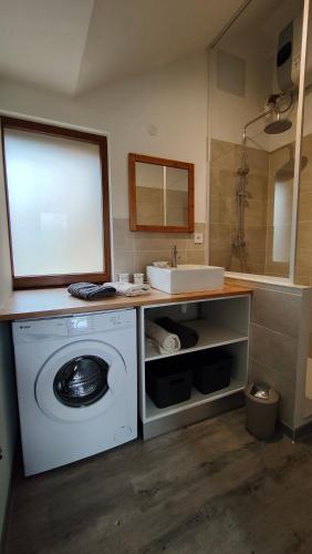 une salle de bain avec une machine à laver et un lavabo dans l'établissement Gîte Les Placettes, à Sainte-Foy-de-Longas
