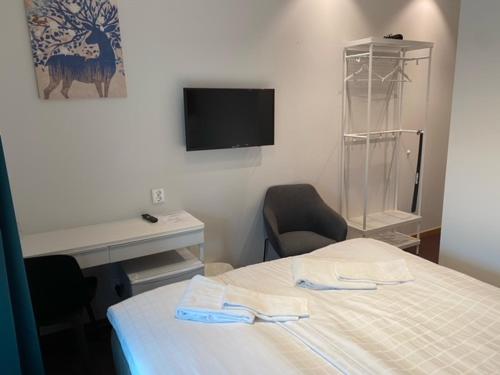 a bedroom with a bed and a tv and a chair at Ahlgrens Hotell Bed & Breakfast in Gävle