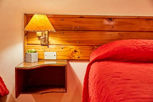 a bedroom with a bed and a table with a lamp at Hostal de Los Andes in Rodeo de la Cruz