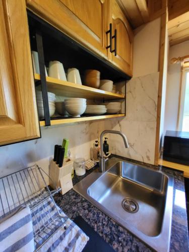 白马村白马博德度假屋的厨房配有不锈钢盥洗盆和木柜
