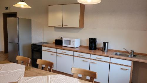 a kitchen with a sink and a microwave at Gästehaus Stephanie in Ilbesheim