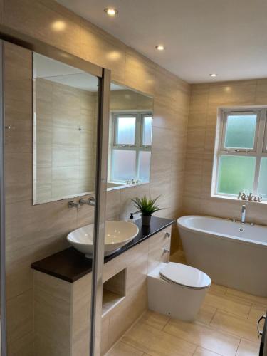 uma casa de banho com um lavatório, uma banheira e um WC. em The broadway house em Walsall