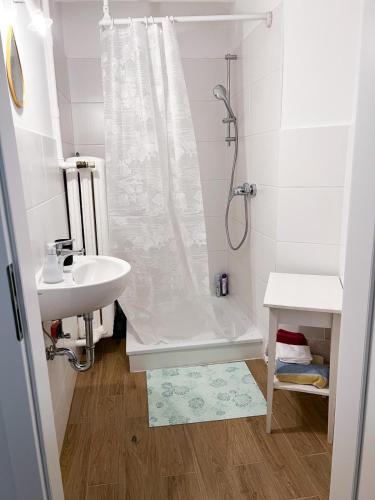ブレーメンにあるAventura Flat 3の白いバスルーム(シャワー、シンク付)
