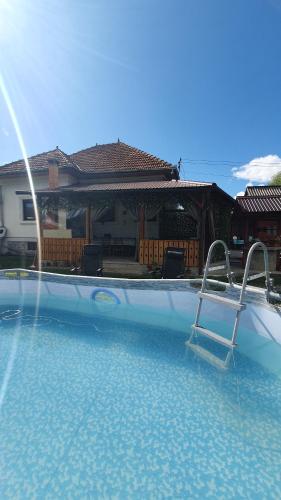 a swimming pool with a fountain in front of a house at Cazare la fermă in Galeşu