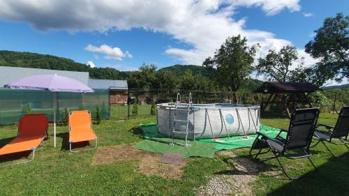 a group of chairs and a tub in a yard at Cazare la fermă in Galeşu
