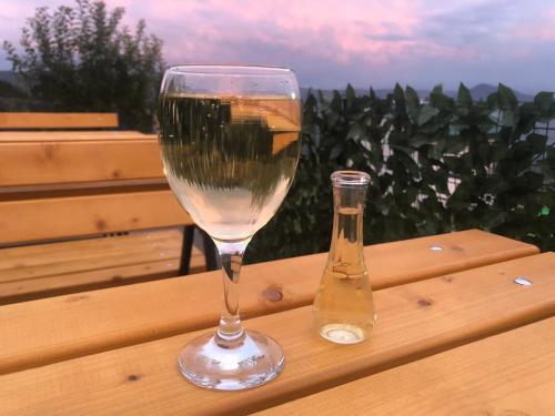 una copa de vino y una botella en una mesa en Seosko domacinstvo Becirovic - Kukulik lodgings, en Bijelo Polje