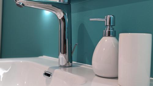 a bathroom sink with a faucet and a soap bottle at L'orcheran in Vielverge
