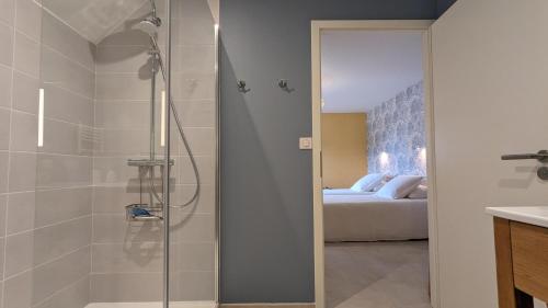 a bathroom with a walk in shower next to a bed at L'orcheran in Vielverge