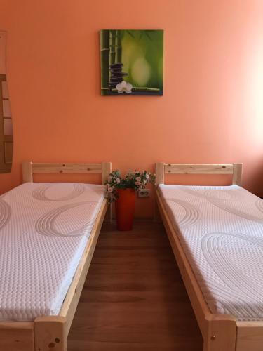 two beds in a room with an orange wall at BalticApart Riga in Riga