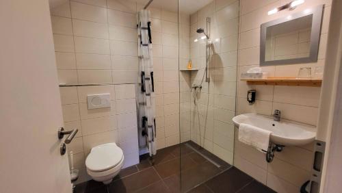 a bathroom with a toilet and a sink at Gasthof Buchberger in Nittendorf