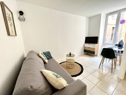 un salon avec un canapé et une table dans l'établissement La Topaze Bleue - Romans, à Romans-sur-Isère