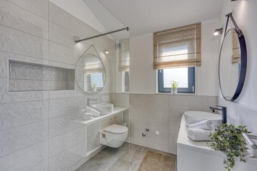 a white bathroom with a toilet and a sink at Villa Ivana with Private Pool in Nova Vas