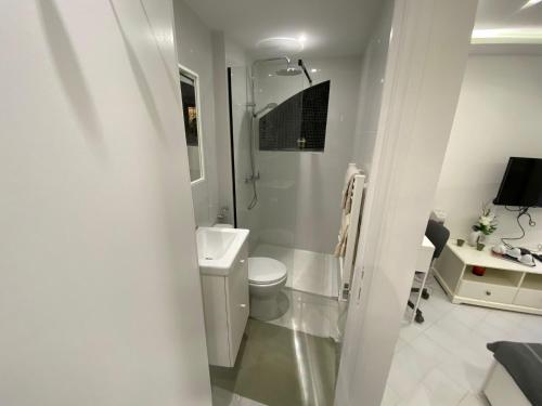 a white bathroom with a toilet and a sink at O' Cœur de Menton in Menton