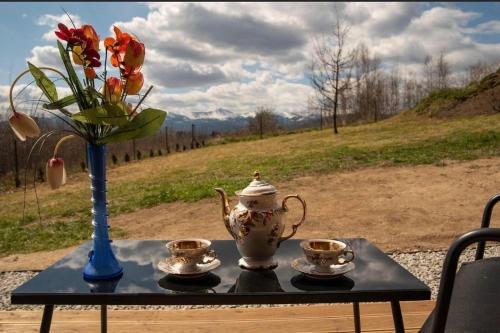 a table with two tea cups and a vase with flowers at Rajskie wzgórze w Karkonoszach in Łomnica