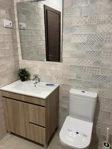 een badkamer met een toilet, een wastafel en een spiegel bij Alojamientos Siguenza aptos turísticos in Sigüenza