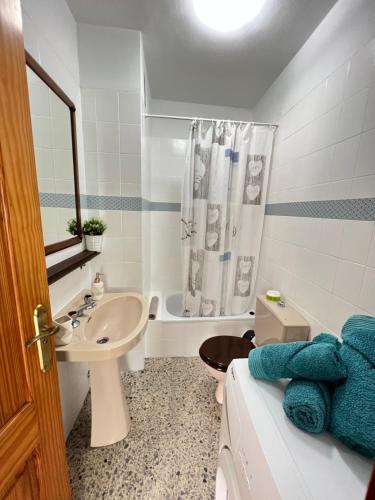 y baño con lavabo, aseo y ducha. en VV_CMBAJAMAR, en Bajamar