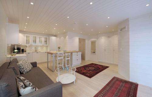 sala de estar amplia con sofá y cocina en Logi & Bastu, en Käringön