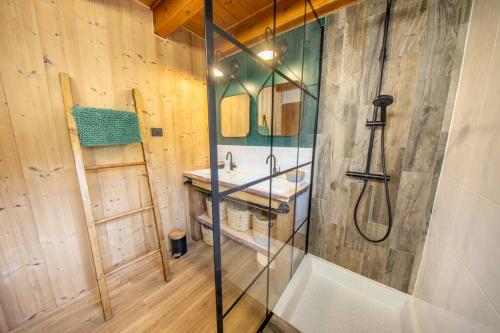 a bathroom with a shower and a sink at F'amis Lodge, 10 à 20p et sauna in Cornimont