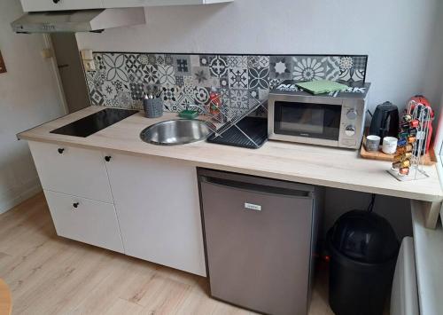 um balcão de cozinha com um micro-ondas e um lavatório em Superbe T2 proche gare & centre em Amiens