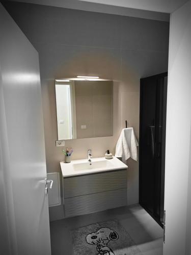 a bathroom with a sink and a mirror at Villa Olive Green Coast in Palasë
