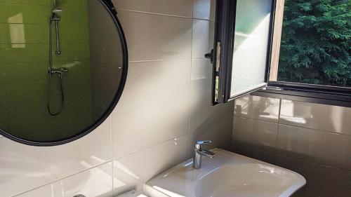 une salle de bain avec un lavabo, un miroir et une douche dans l'établissement Gite du Moulin, à Sainte-Marguerite-Lafigère