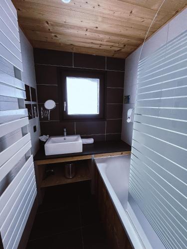 a bathroom with a sink and a bath tub at Chalet-Hôtel Les Rhodos in Cordon