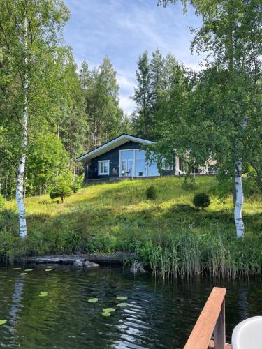 a house on a hill next to a body of water at Villa Valkeinen in Nilsiä
