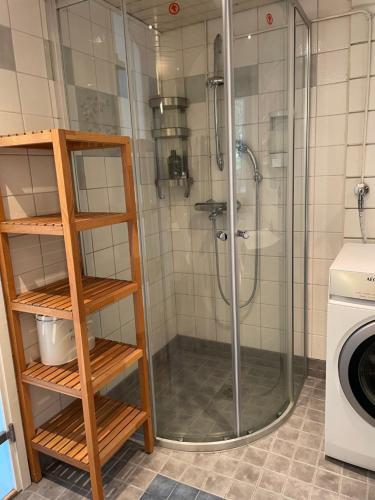La salle de bains est pourvue d'une douche et d'un lave-linge. dans l'établissement Villa Valkeinen, à Nilsiä