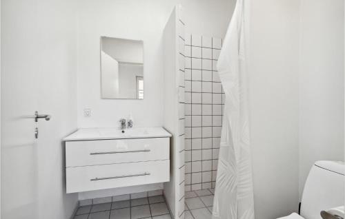 La salle de bains blanche est pourvue d'un lavabo et d'un miroir. dans l'établissement Cozy Home In Assens With Wifi, à Assens