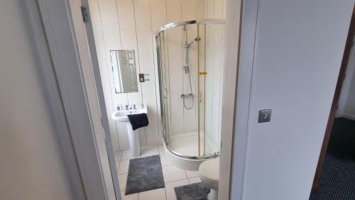 a bathroom with a shower and a toilet at The Queen Vic Hotel in Monkwearmouth