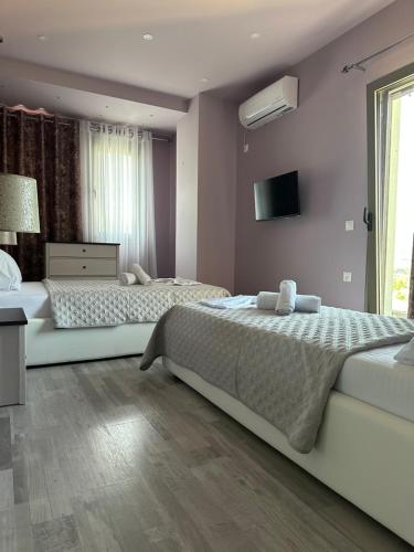 a bedroom with two beds and a tv on the wall at Villa Klajdi in Përmet