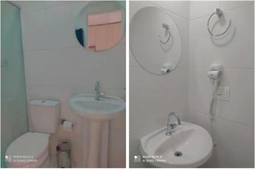 two pictures of a bathroom with a toilet and a sink at Anhembi Expo Rodoviaria Tietê Esc Ed Fisica PM in Sao Paulo
